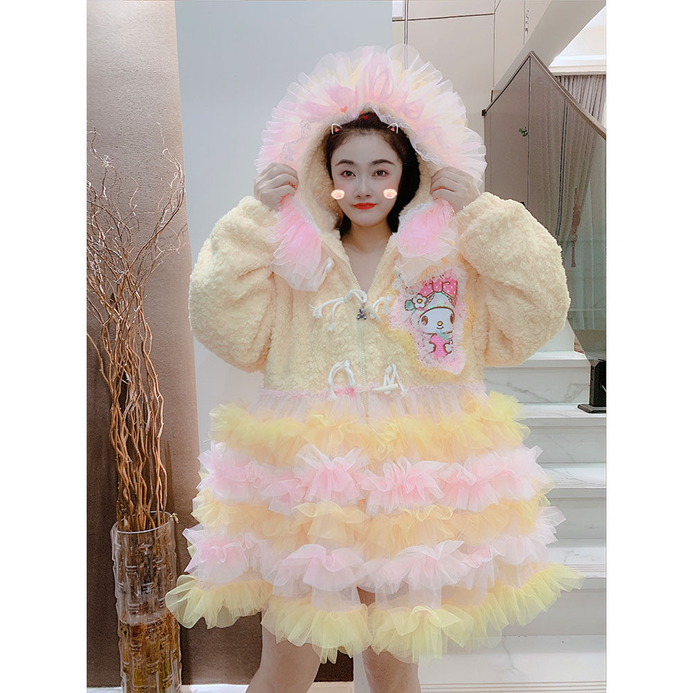 棉服外套女冬新款韩版甜美重工连帽云朵网纱拼接加绒加厚毛毛棉衣