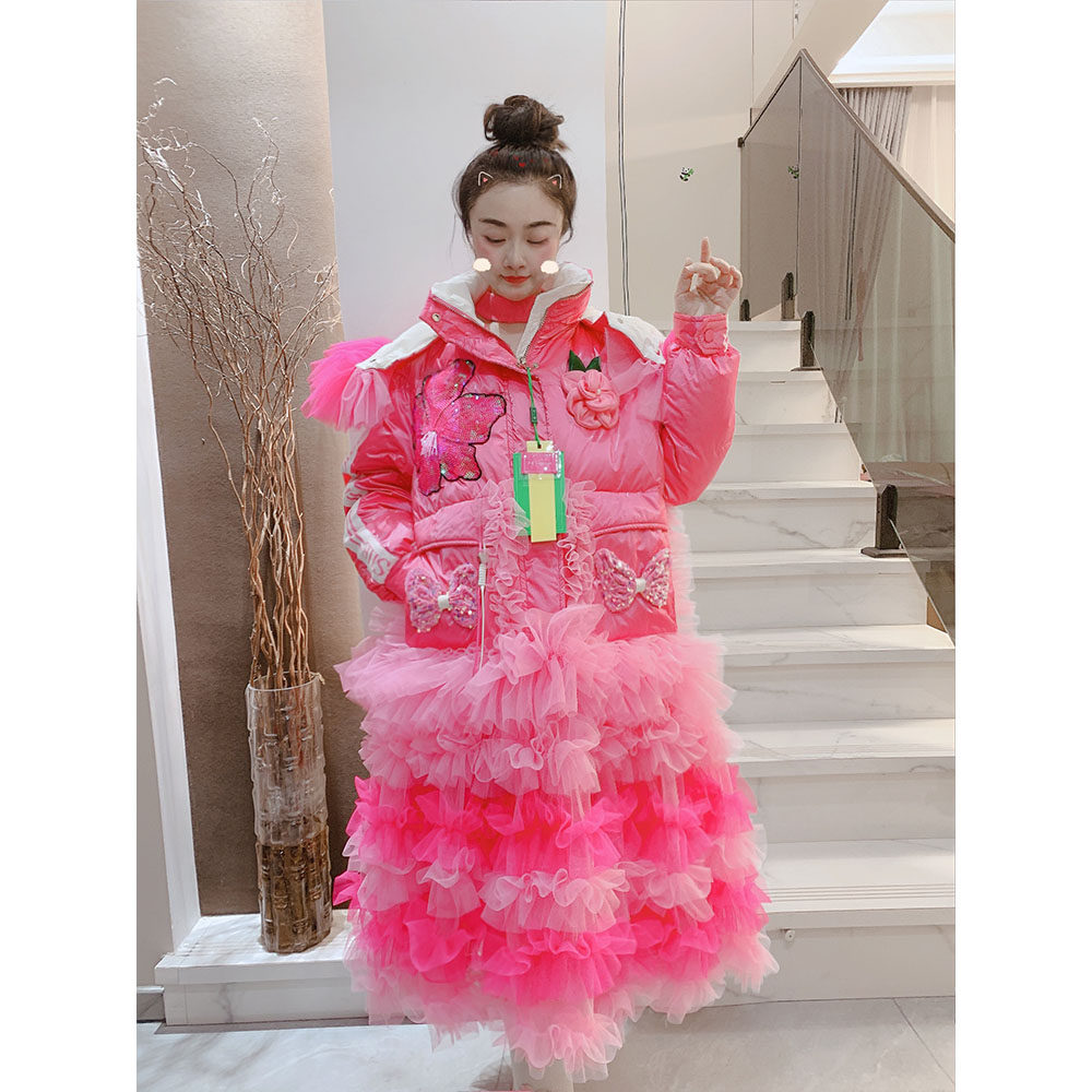 重工网纱拼接中长款鹅绒羽绒服潮