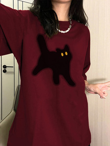 T03981-P25 高质量纯棉可爱猫咪印花短袖t恤 情侣款宽松到5XL图片