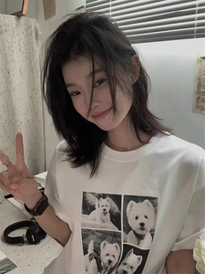 T0929-P25 韩系简约风新款卡通狗狗设计感小众印花显瘦宽松短袖T图片