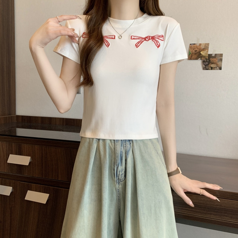 T00994-P35 2025夏装新款修身短袖T恤女 甜妹蝴蝶结上衣图片