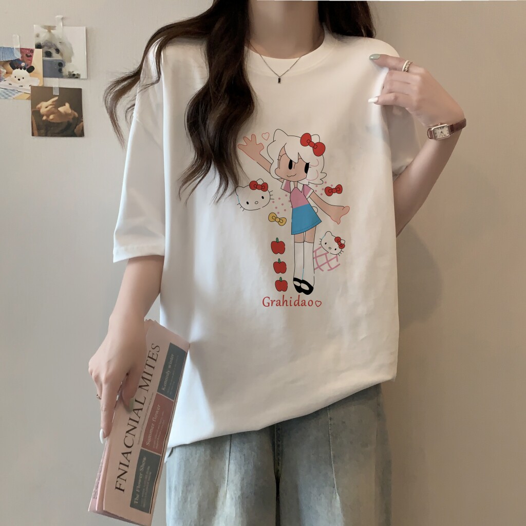 T0374-P30甜妹Kitty猫公主印花夏装短袖T恤女100%棉纯棉宽松韩版,女装T恤,星座617A-2