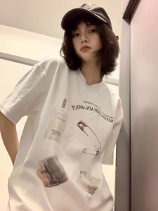 T0936-P25 美式复古设计感小众印花潮宽松纯棉短袖T恤男女上衣图片