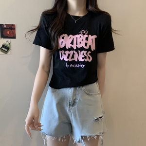 T0376-P25甜妹减龄粉红字母设计短袖T恤女纯棉图片