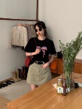 T0916-P25黑色蝴蝶结短袖T恤女2025春夏新款圆领打底衫内搭上衣，女装T恤，星座617A-2