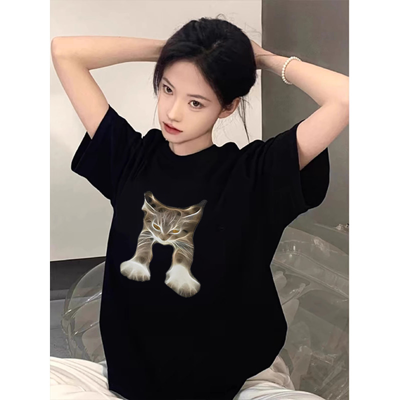 T0272-P25趣味猫咪印花24春夏抖音新款纯棉短袖T恤潮,女装T恤,星座617A-2