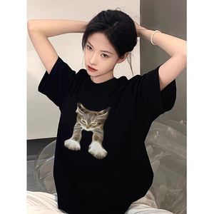 T0272-P25 趣味猫咪印花 24春夏抖音  新款纯棉短袖T恤潮图片
