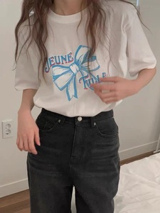 T0124-P25  纯棉卡通印花蝴蝶结减龄穿搭 春夏宽松印花短袖T恤图片