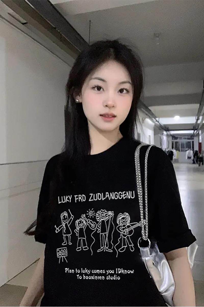 T089-P25 可爱简笔画卡通小人印花纯棉短袖 情侣款宽松百搭图片