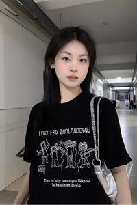 T089-P25 可爱简笔画卡通小人印花纯棉短袖 情侣款宽松百搭图片
