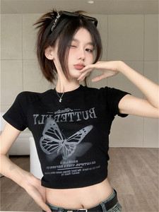 T00948-P35 辣妹蝴蝶印花 纯棉短款短袖圆领T恤图片