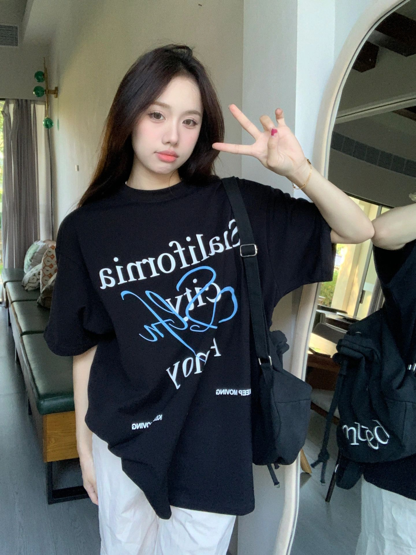 T035-P25高品质纯棉前印花宽松短袖t恤女，女装T恤，星座617A-2