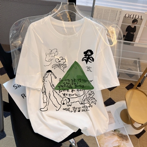 T0177-P25 100%棉精梳纯棉 印花夏装短袖T恤女宽松韩版图片