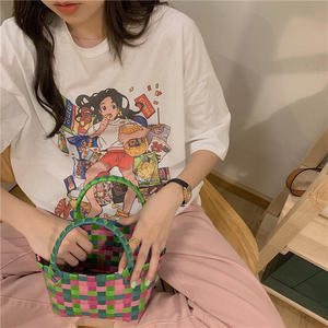 T0306-P25 2025夏季新款纯棉复古日系印花宽松大码胖MM短袖T恤…图片