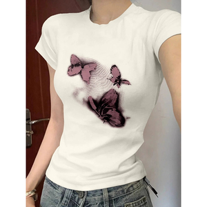 T00970-P35 灵动蝴蝶绝美印花纯棉T  春夏正肩短袖T恤女图片