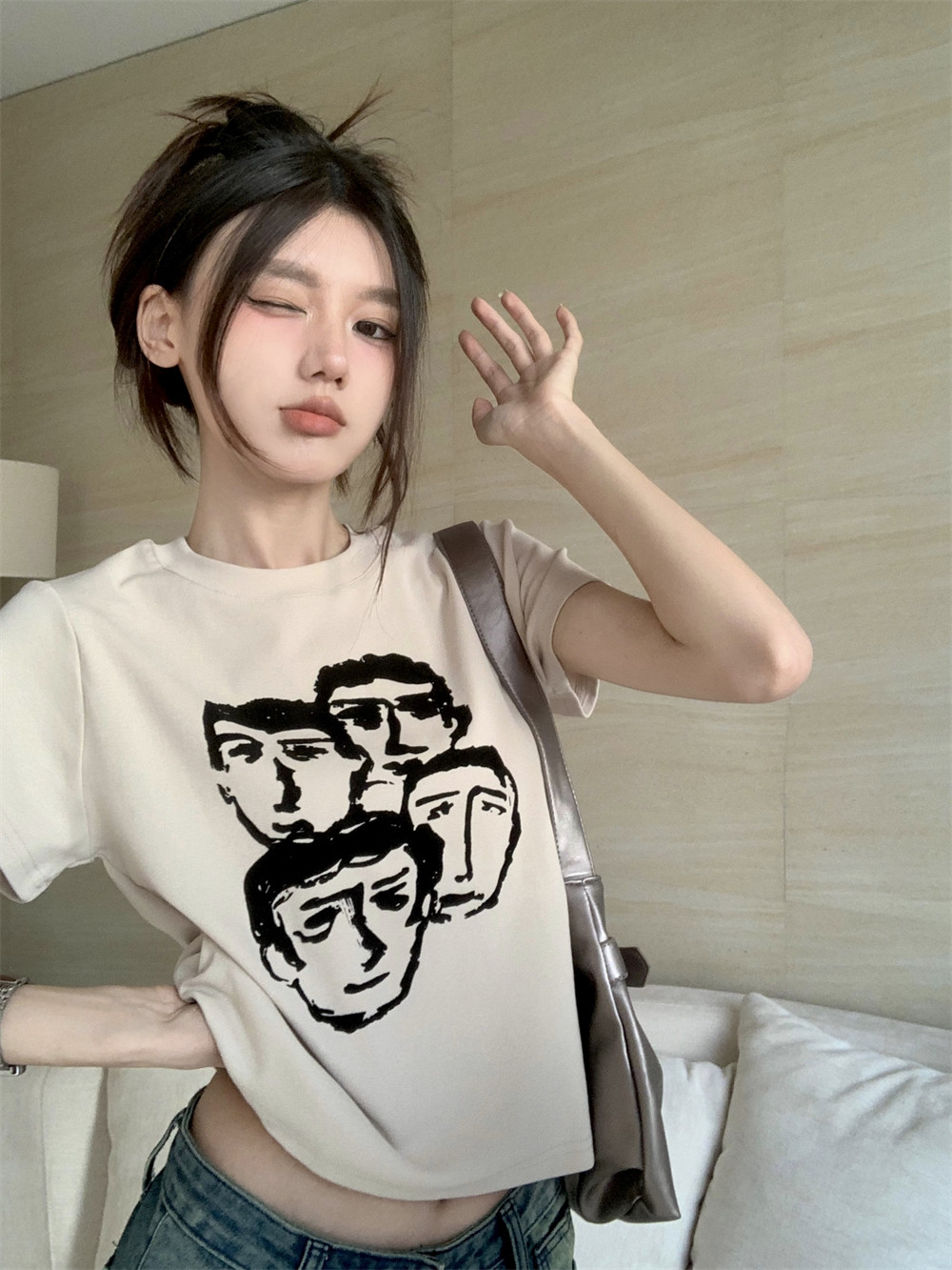 T0366-P30美式复古人像印花短款套头正肩显瘦百搭针织短袖T恤,女装T恤,星座617A-2