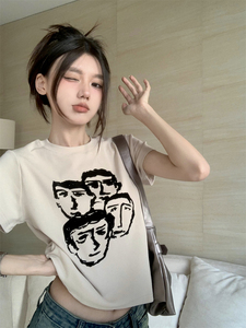 T0366-P30美式复古人像印花短款套头正肩显瘦百搭针织短袖T恤