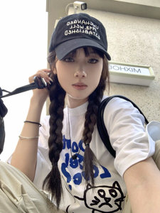 T0917-P25 韩版蓝色彩画问号猫咪印花夏季圆领可爱短袖女T恤图片