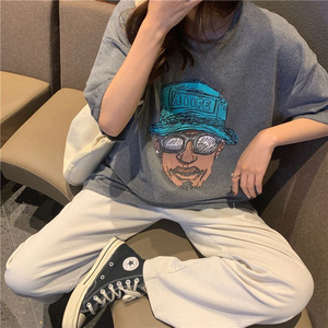 T0119-P25 复古短袖t恤女宽松休闲韩版bf原宿风hiphop上衣图片