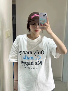 T0932-P25 2025夏季彩色简约字母T恤女白色高街纯棉半袖上衣图片