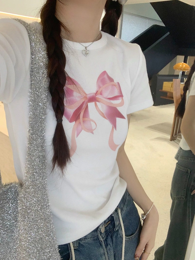 T0042-P35小众蝴蝶结印花短袖T恤夏季短款修身chic甜辣小上衣,女装T恤,星座617A-2