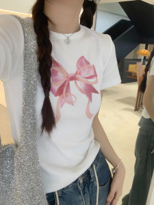T0042-P35 小众蝴蝶结印花短袖T恤 夏季短款修身chic甜辣小上衣图片