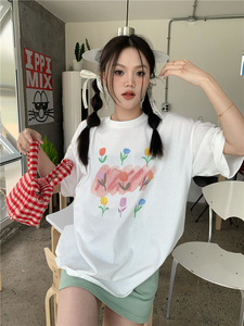 T0313-P25 春日小花个性趣味印花纯棉T夏装短袖T恤女图片