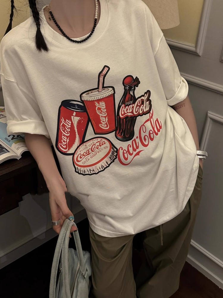 T0222-P25春夏新款韩版美式复古可乐印花宽松短袖T恤女休闲,女装T恤,星座617A-2