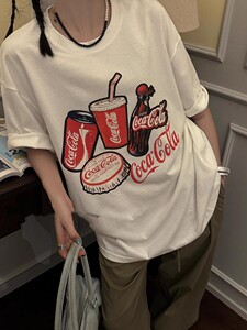 T0222-P25 春夏新款韩版美式复古可乐 印花宽松短袖T恤女休闲图片
