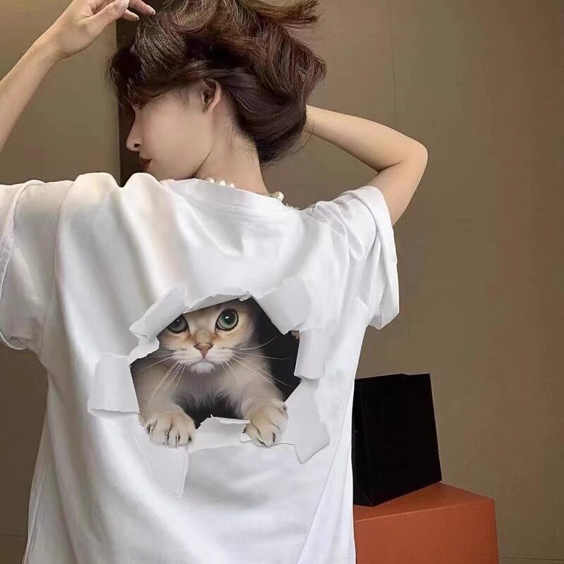 T0396-P30 精梳纯棉 趣味立体卡通猫咪印花S-XXXL夏装短袖T恤女图片
