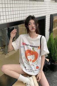 T0259-P25 可爱减龄 大码设计感可爱小猫白色纯棉T恤短袖上衣图片