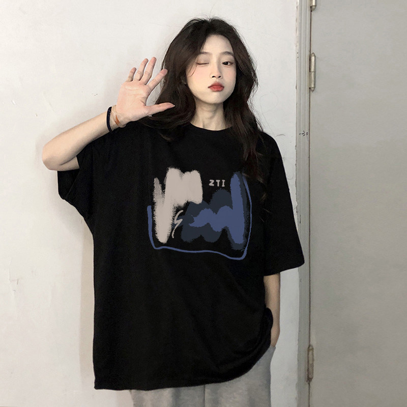 T0349-P30抖音落肩宽松版型精梳纯棉短袖T恤印花款,女装T恤,星座617A-2
