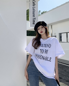 T041-P25黑色美式复古字母印花半袖短袖T恤早春宽松休闲打底上衣