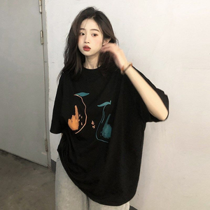 T0252-P25 新款简约写意艺术印花纯棉短袖T恤女2025年夏宽松上衣图片