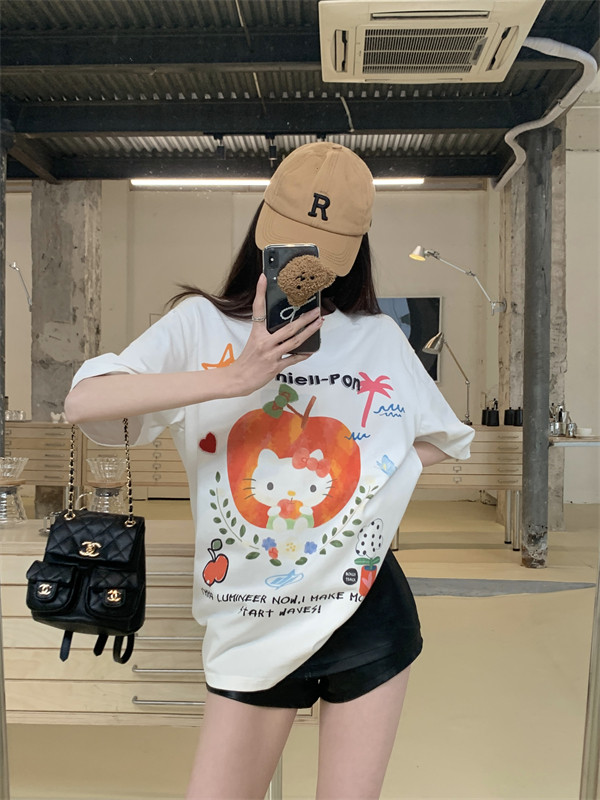 T0259-P25可爱减龄大码设计感可爱小猫白色纯棉T恤短袖上衣,女装T恤,星座617A-2