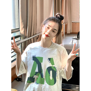 T0258-P25 美式复古字母设计潮 纯棉印花短袖t恤宽松韩版大码上衣图片
