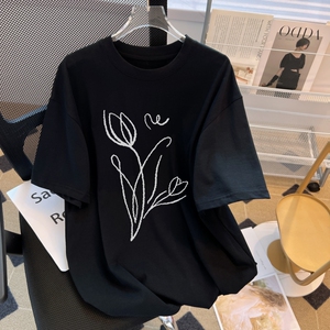 T0386-P30 夏日简约手绘郁金香印花纯棉 短袖T恤女宽松韩版图片