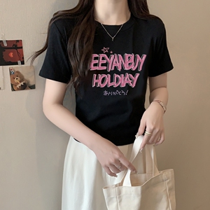 T0019-P35 美式复古粉红字母 印花纯棉T 甜妹短款短袖T恤女修身图片