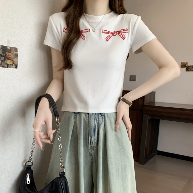 T00994-P352025夏装新款修身短袖T恤女甜妹蝴蝶结上衣,女装T恤,星座617A-2