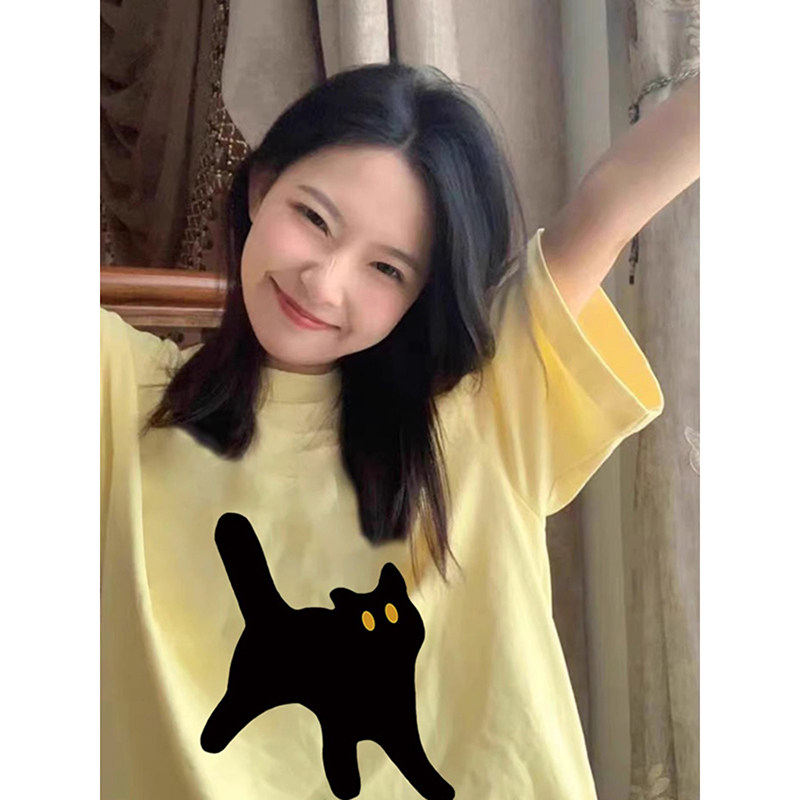 T03981-P25 春夏新款纯棉短袖T恤潮 可爱黑猫印花情侣款图片