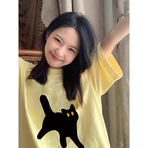 T03981-P25 春夏新款纯棉短袖T恤潮 可爱黑猫印花情侣款图片