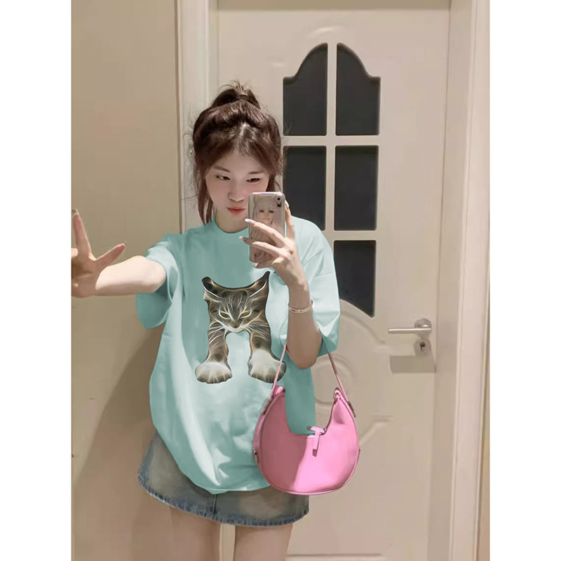 T0272-P25  新款纯棉短袖T恤潮 趣味猫咪印花 24春夏抖音图片