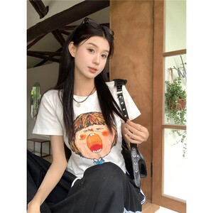 T0033-P35 卡通印花短袖T恤女夏季 修身显瘦短款白色百搭上衣ins图片