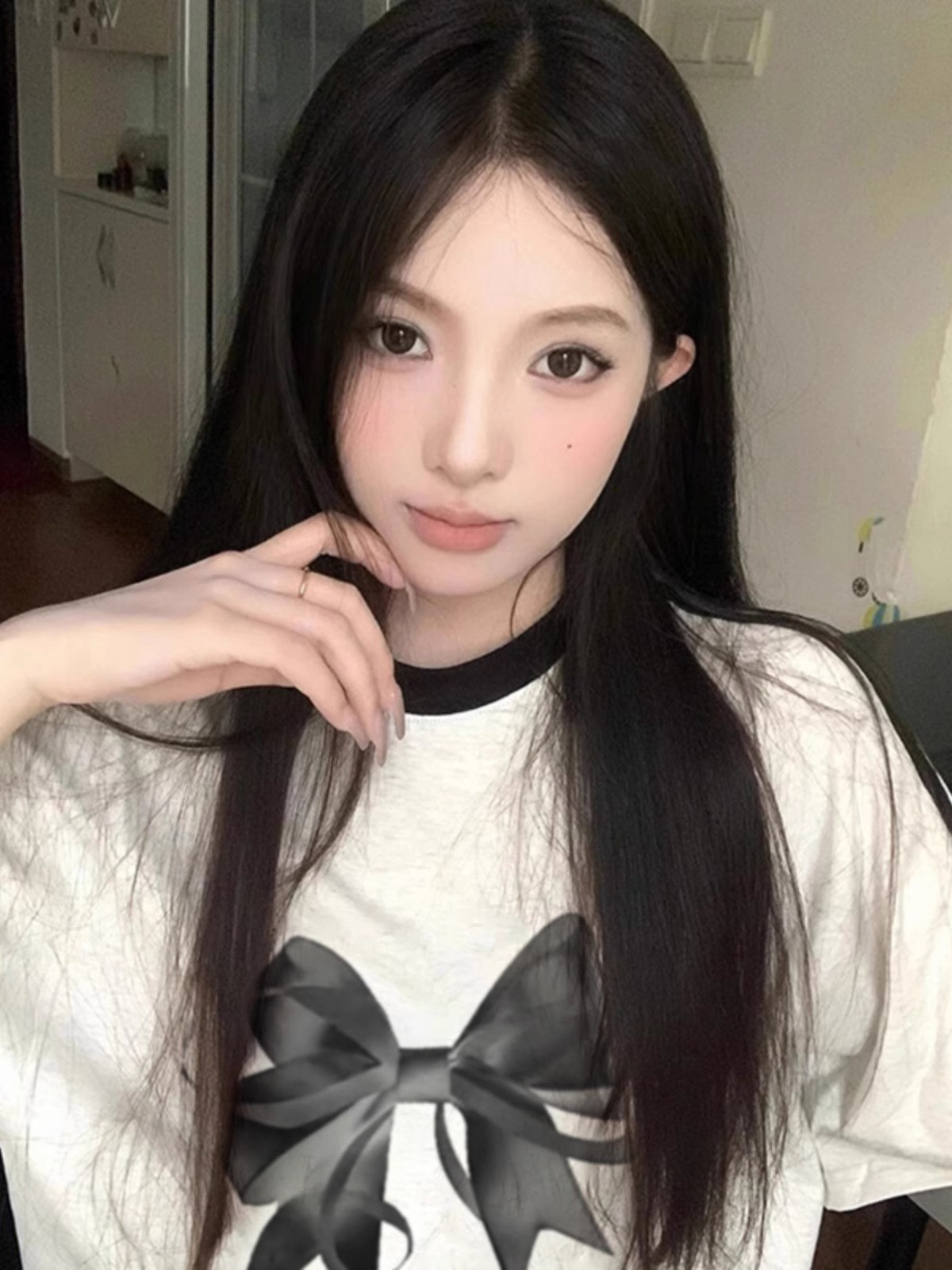 T0985-P25抖音三杠条纹纯棉T恤简约蝴蝶结印花T,女装T恤,星座617A-2