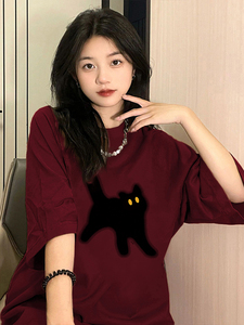 T03981-P25 高质量纯棉可爱猫咪印花短袖t恤 情侣款宽松到5XL图片