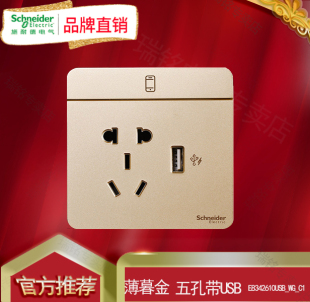 施耐德开关插座绎尚薄暮金五孔带USB插座 2.1A充电86型电源插座