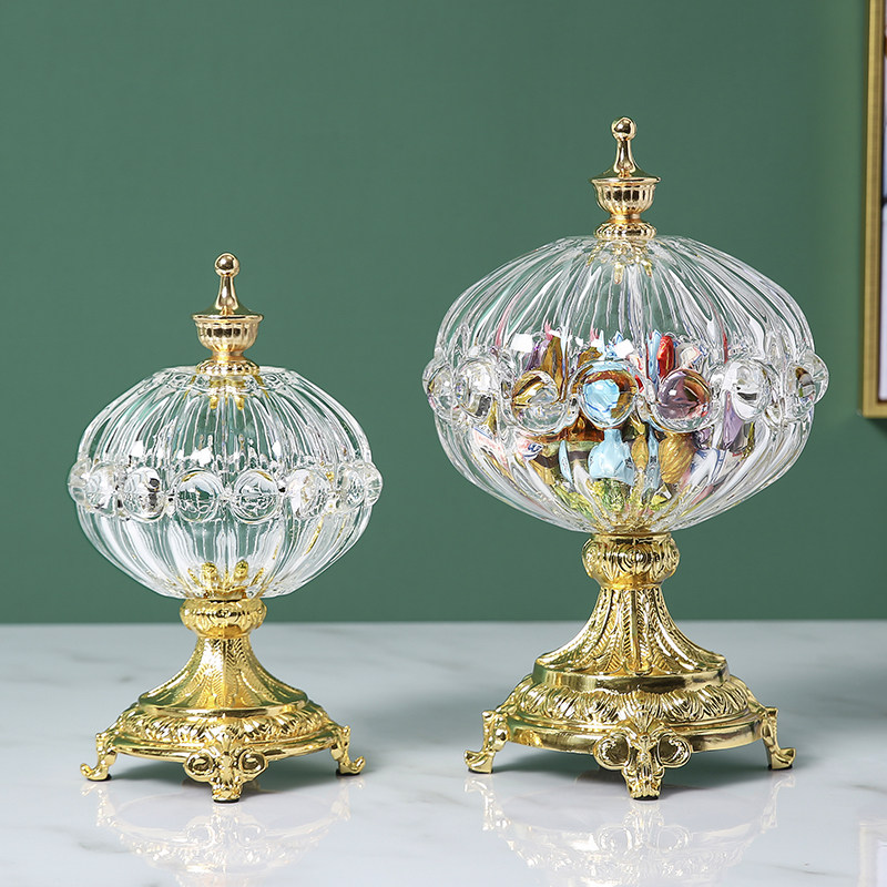 现代简约轻奢创意合金玻璃装饰储物糖果罐 北欧美式客厅玄关摆件