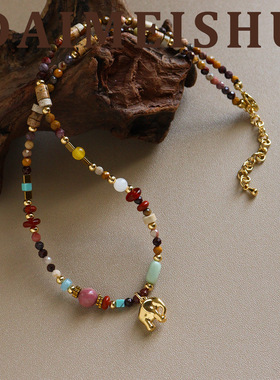 秋冬复古波西米亚蛋黄石吉象吊坠项链轻奢高级感气质百搭锁骨链女