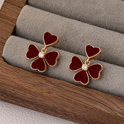 欧美s925银针心形四叶草耳钉滴釉四心花瓣简约时尚轻奢小众耳饰品