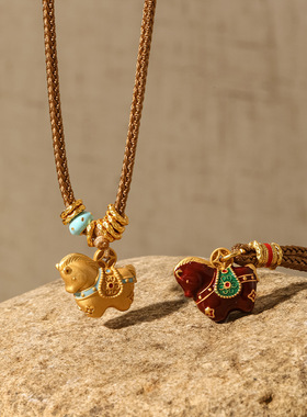 古法沙金马形吊坠项链马上有钱盘缠毛衣链吉祥寓意小众设计锁骨链